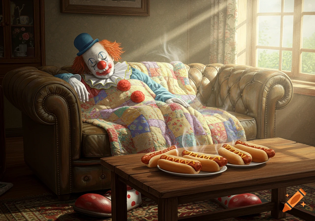 A colorful clown in a blue hat sleeps on a brown leather couch under a patchwork quilt, with hotdogs on a wooden table in the foreground.