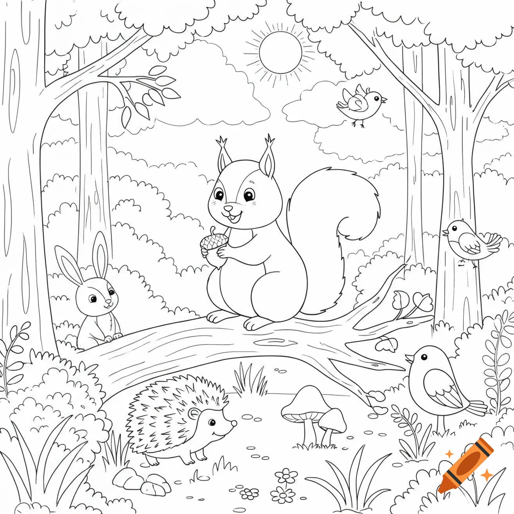 A line art coloring page of forest animals including a squirrel, rabbit, hedgehog, and birds in a sunny woodland scene.
