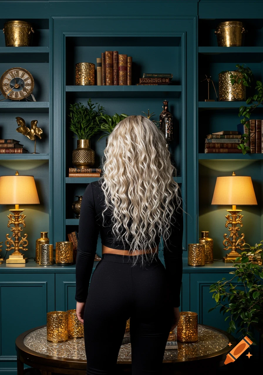 A woman with long, curly blonde hair, wearing a black crop top and pants, stands with her back to the viewer in front of a teal bookshelf with golden decor, books, and lamps.