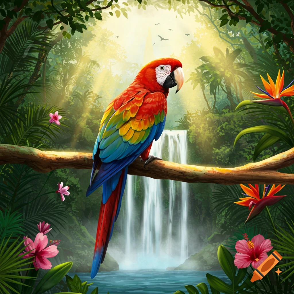 A vibrantly colored parrot perches on a branch in a lush jungle, with a waterfall cascading in the sun-drenched background.