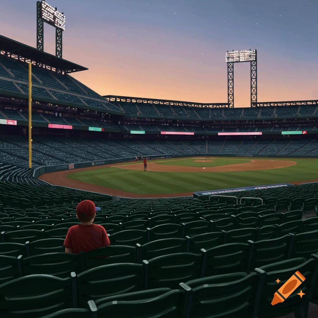 A boy in a red shirt and cap sits alone in the green seats of a large, empty baseball stadium at dusk with stadium lights on.