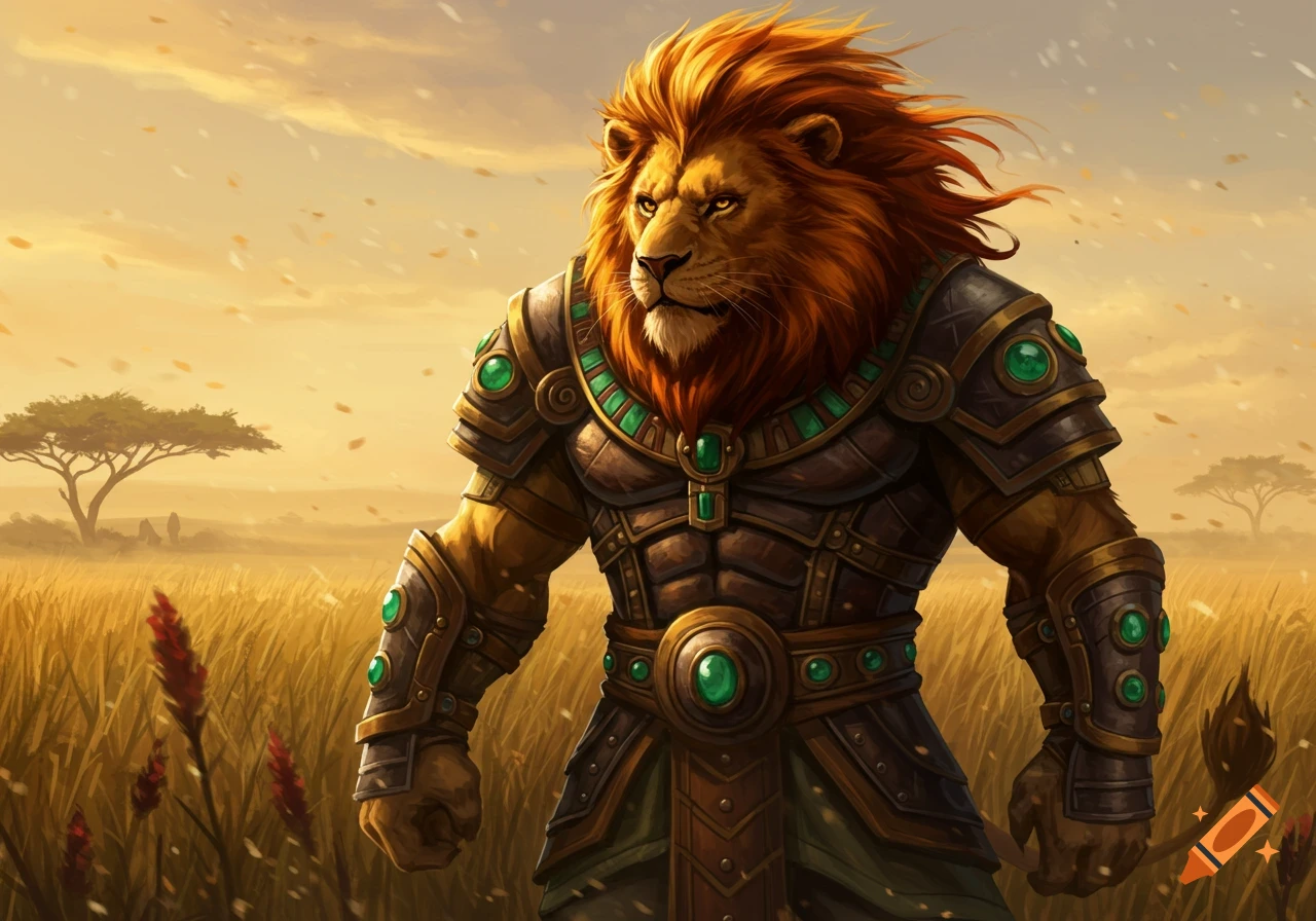Majestic lion warrior in ornate armor with green gems stands in a golden savanna at sunset, digital painting.