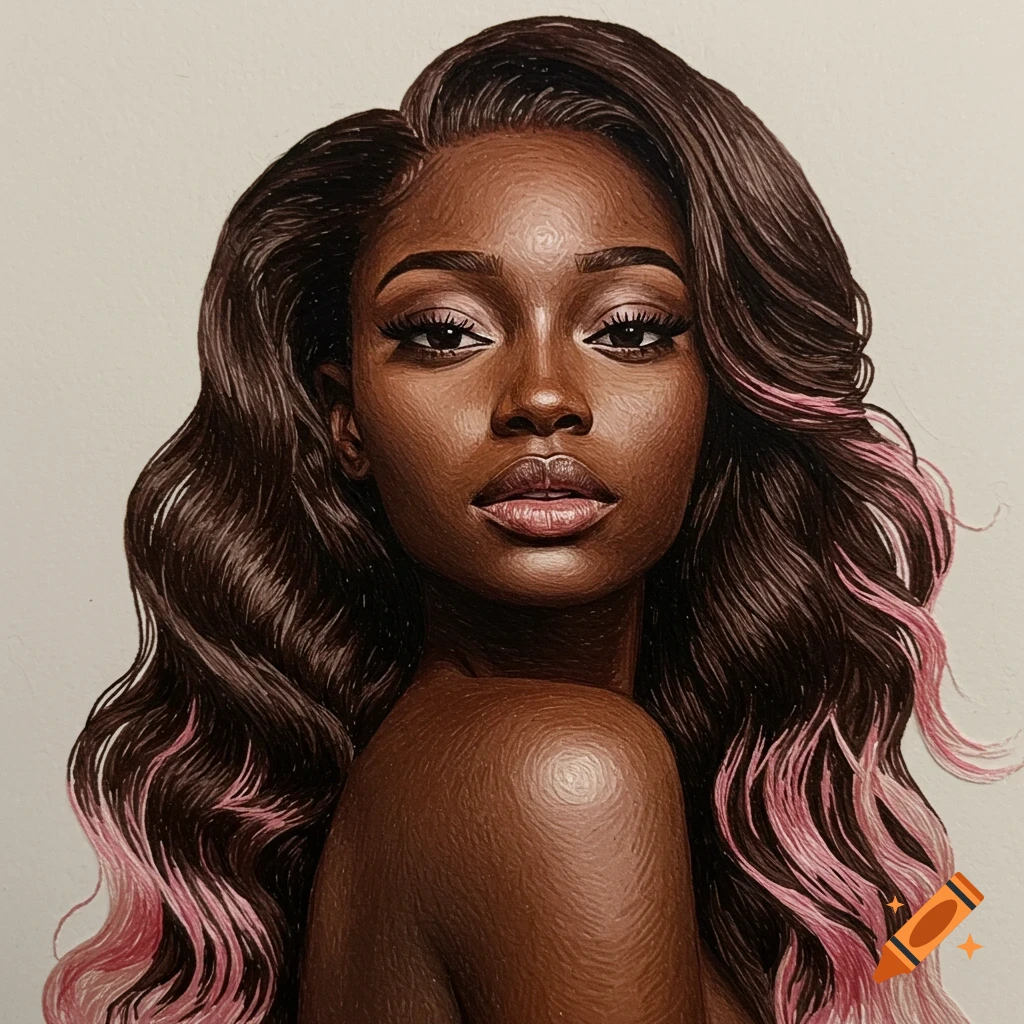 A stylized portrait of a young Black woman with long dark wavy hair with light pink ends.