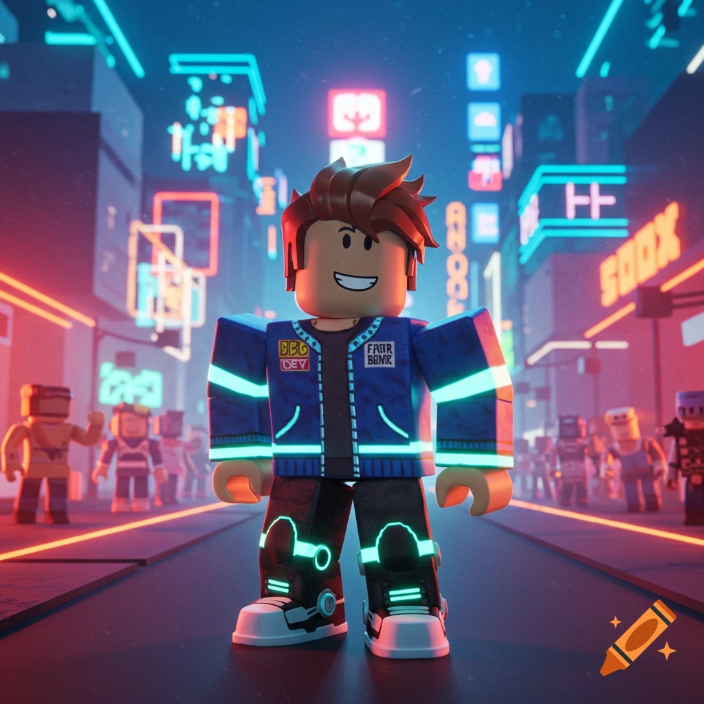 A Roblox character in a blue jacket with neon accents stands smiling in a futuristic, neon-lit city at night.