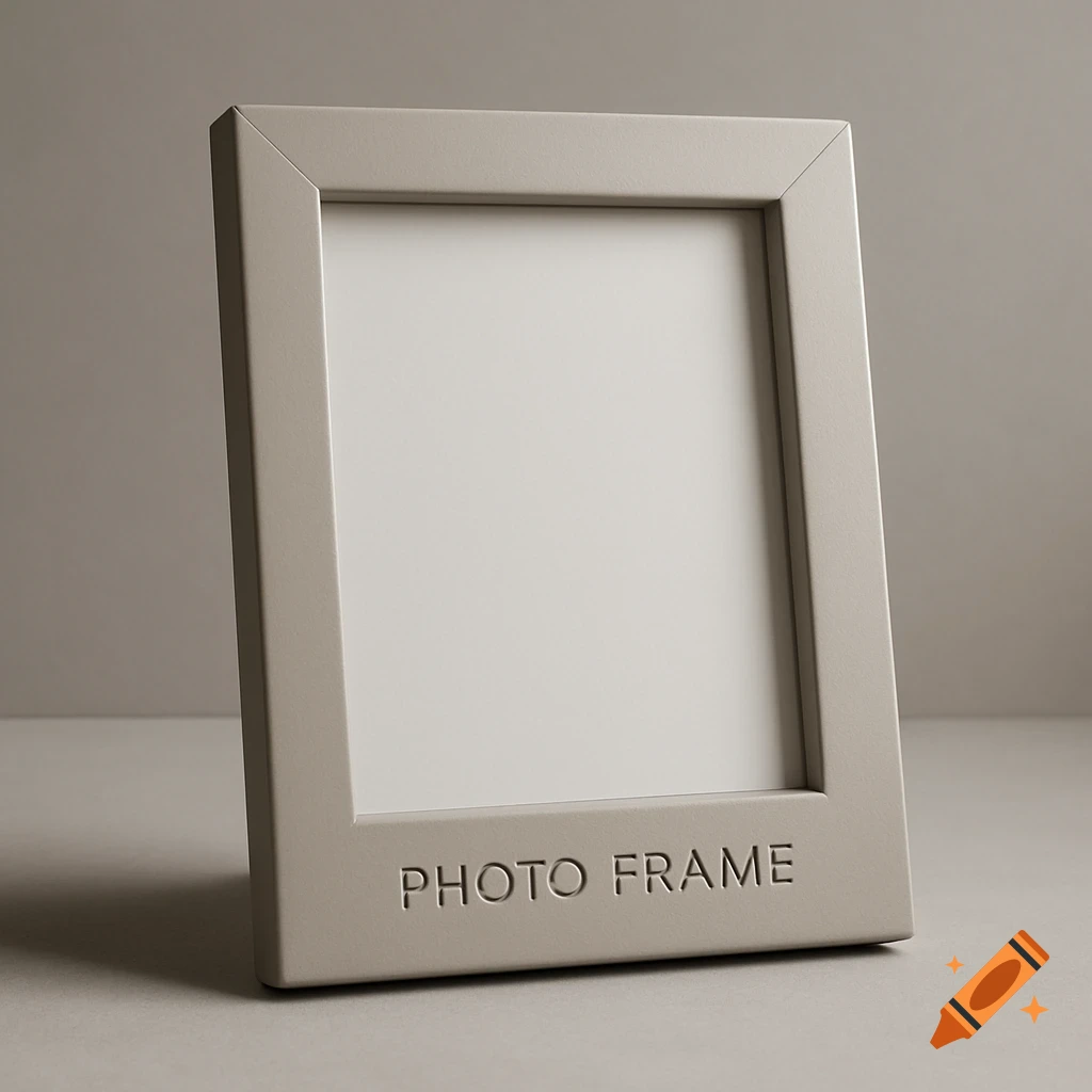 A contemporary beige photo frame with "PHOTO FRAME" embossed on the bottom, standing on a neutral surface.