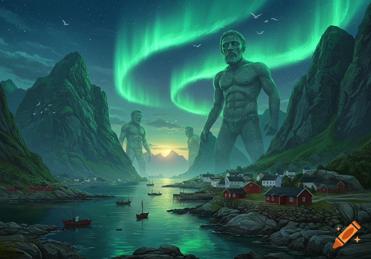 Massive stone men overlook a scenic fjord village with red houses and boats under a bright green aurora borealis.