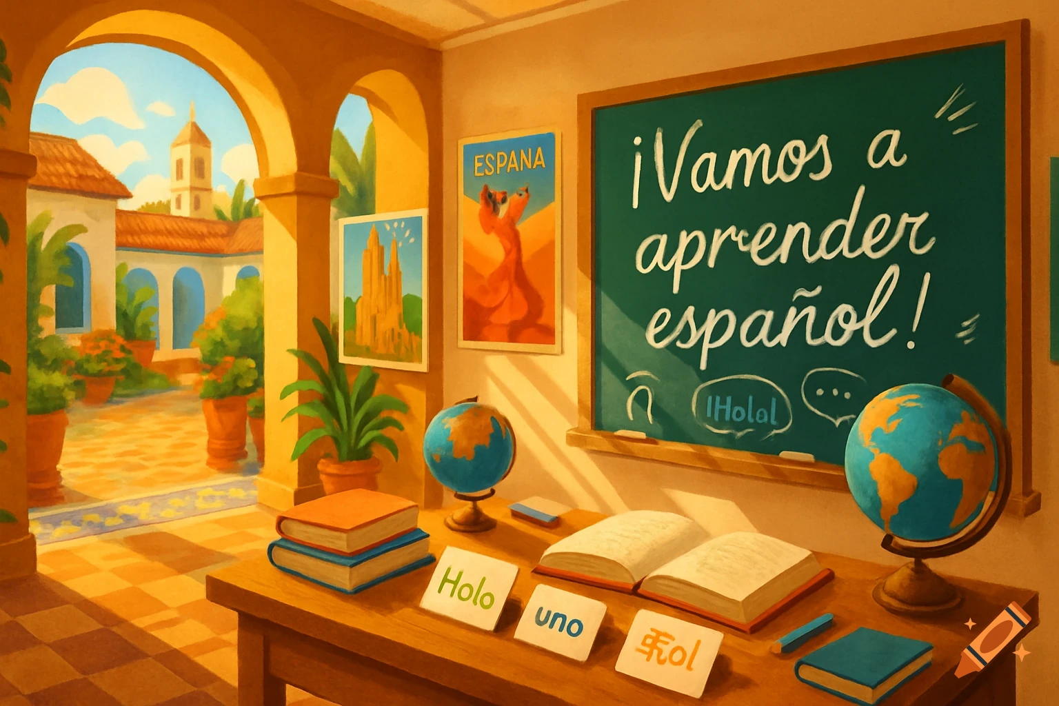 A stylized illustration of a Spanish classroom with a blackboard, globes, books, and cards, overlooking a sunlit Spanish courtyard.