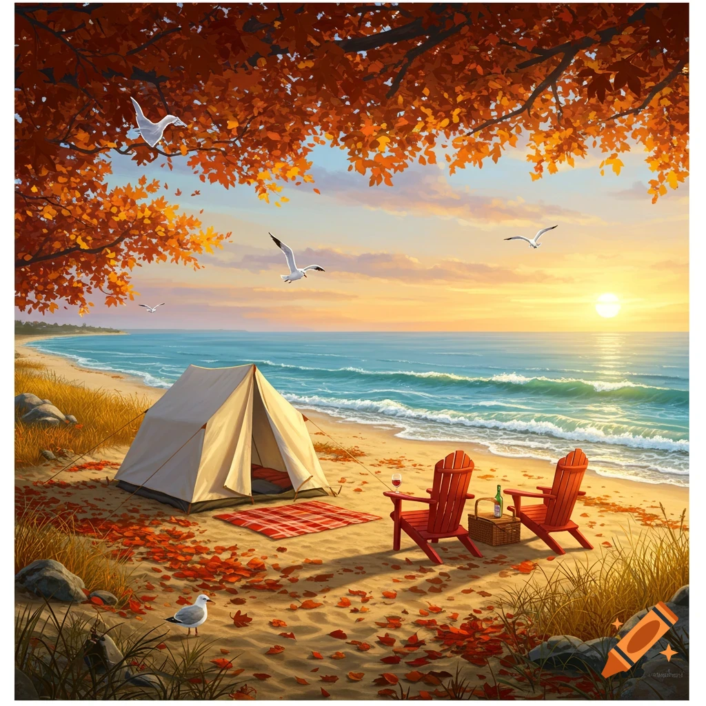 A vibrant illustration of an autumn beach at sunset, with a tent, two red Adirondack chairs, and a picnic basket under a tree with orange leaves.