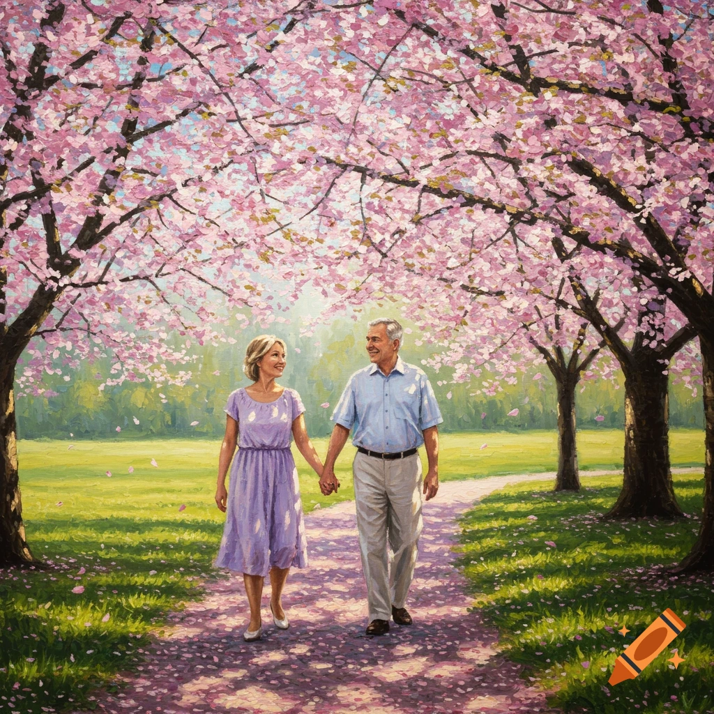 An older couple holding hands and smiling while walking under pink cherry blossoms in a park, painted in an impressionistic style.