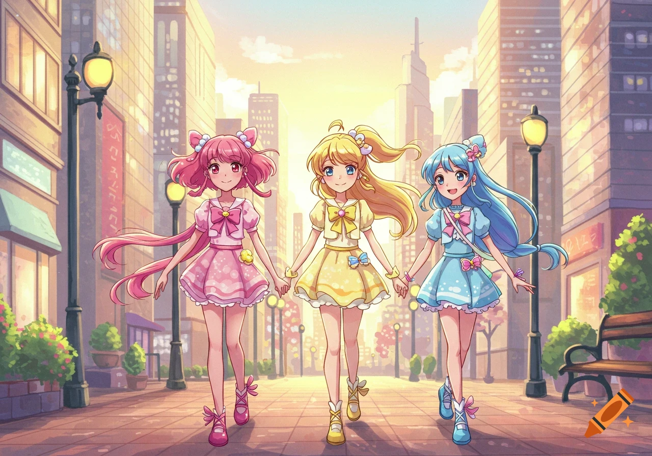 Three smiling anime girls in colorful dresses walk hand-in-hand down a city street at sunset.