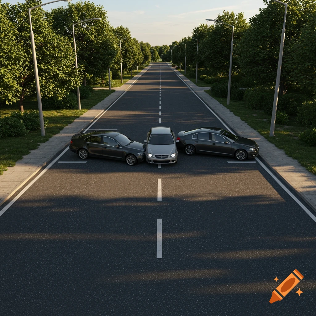 Three cars are positioned in the middle of a long, straight asphalt road lined with trees and streetlights under a clear sky.