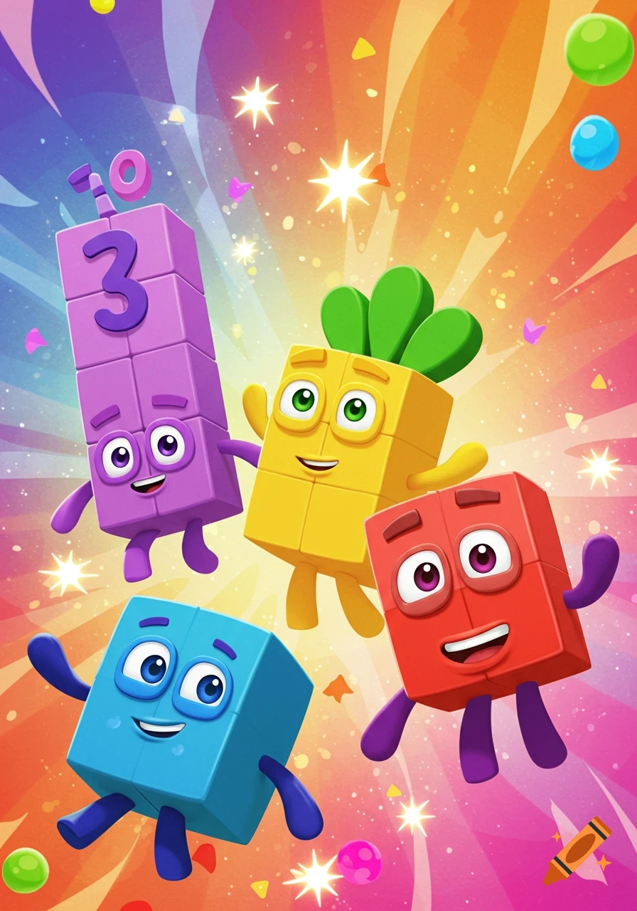 A colorful illustration of four Numberblocks characters (purple, yellow, red, blue) jumping amidst confetti and stars.