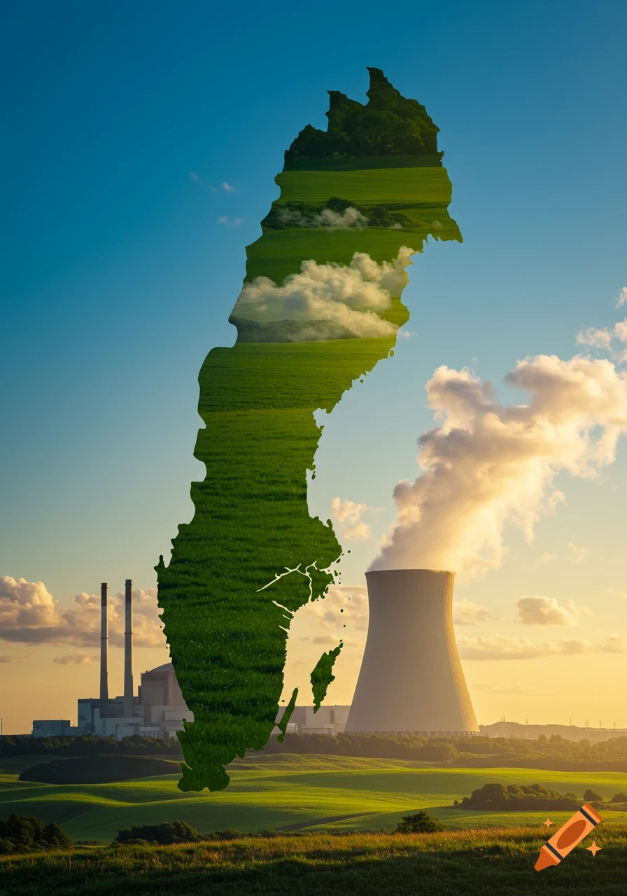 Map of Sweden filled with green fields and clouds, juxtaposed with a nuclear power plant and industrial chimneys at sunset.