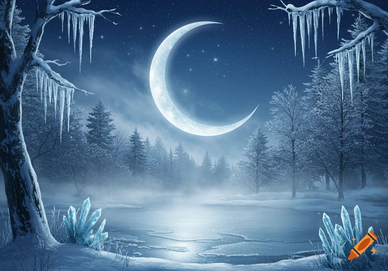 A fantasy winter night landscape featuring a large crescent moon, misty frozen lake, snow-covered trees, and glowing blue ice crystals.