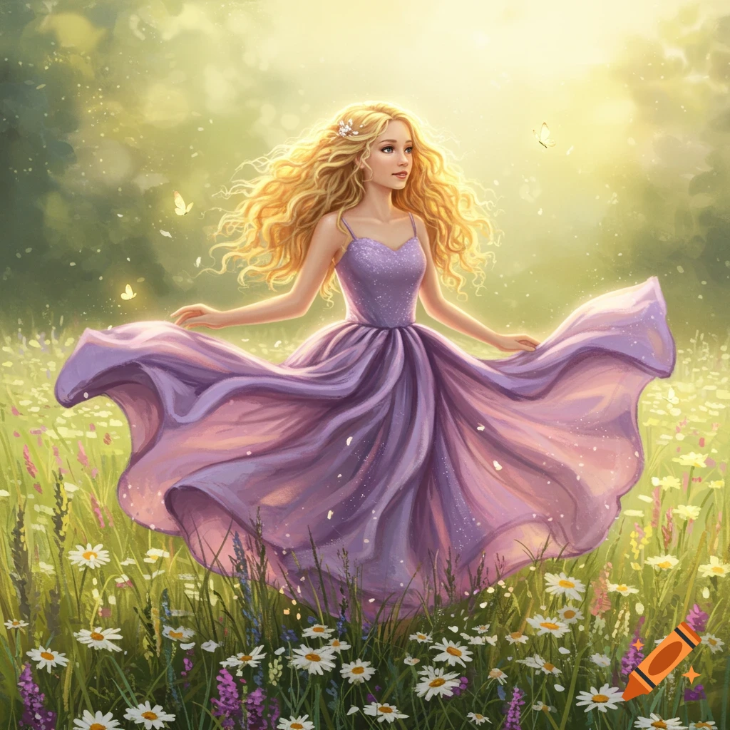 A beautiful blonde girl with long, wavy hair in a flowing purple dress stands in a sunny meadow filled with white wildflowers.