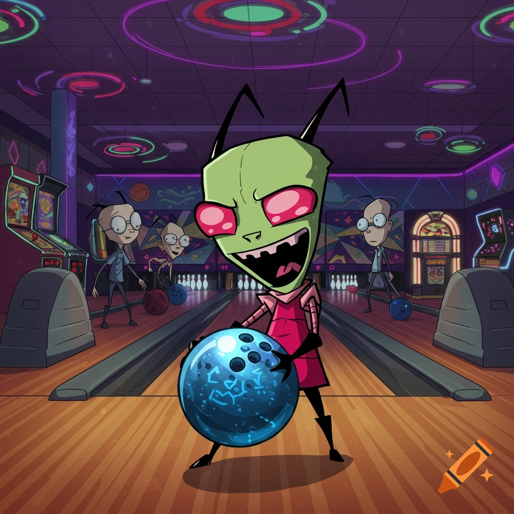 Invader Zim, a green alien, grinning maniacally, holds a glowing blue bowling ball in a retro purple bowling alley with arcade machines.
