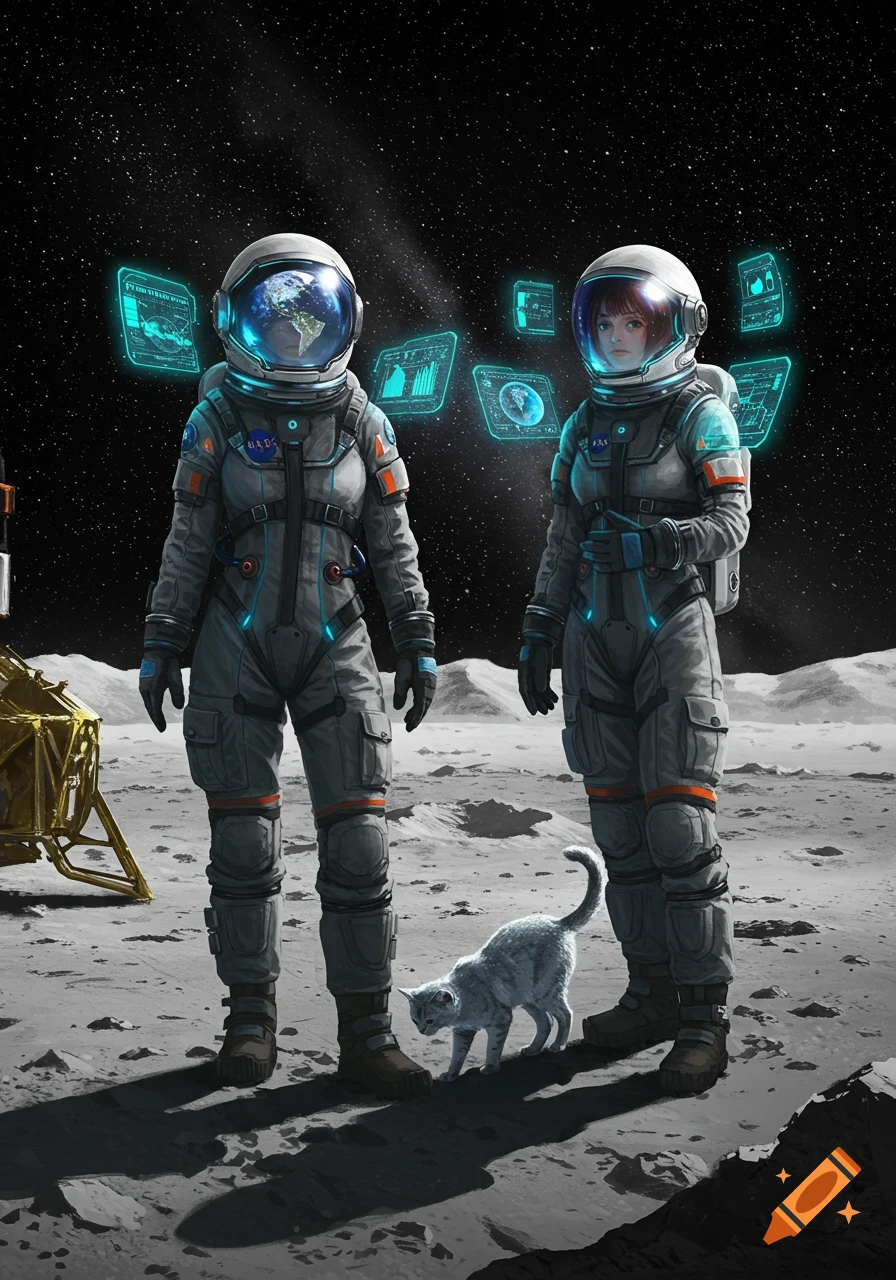 Two female astronauts in futuristic suits and a cat stand on the moon with glowing holographic interfaces and a lunar lander.