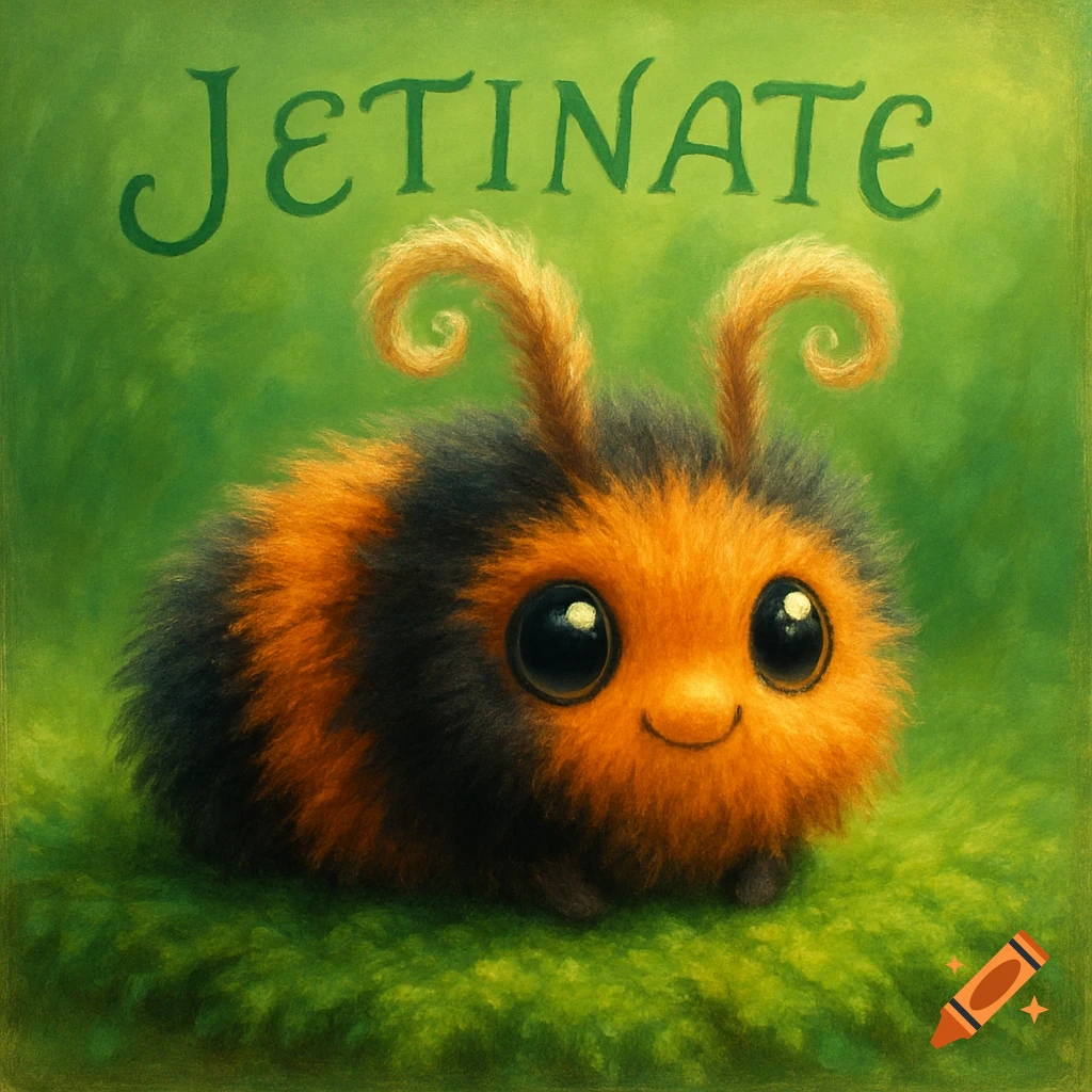 A cute, fluffy black and orange creature with big eyes and curly antennae sits on green moss, with the word JETINATE above it.