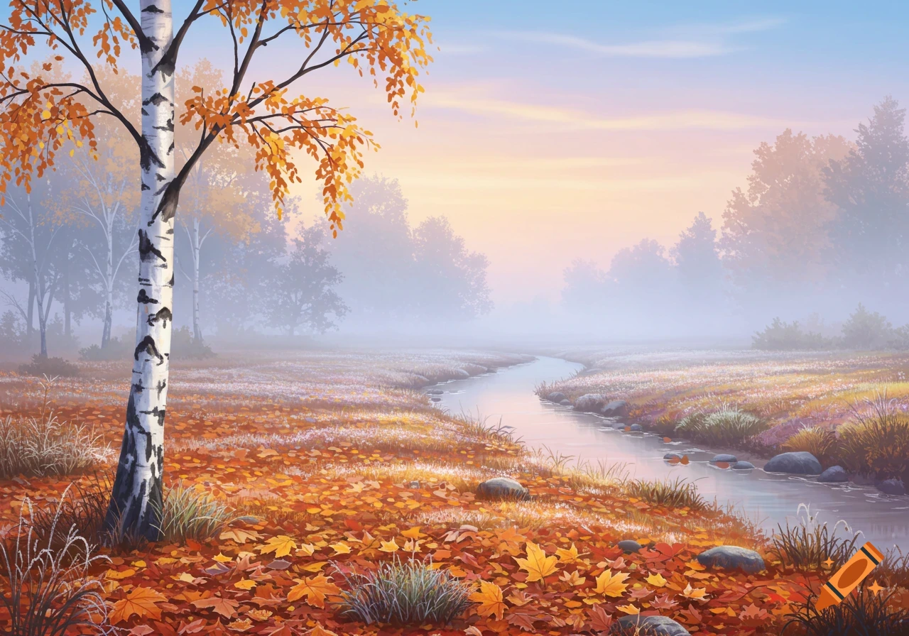 A serene autumn landscape with a white birch tree, orange fallen leaves covering the ground, a winding stream, and misty trees in the distance.