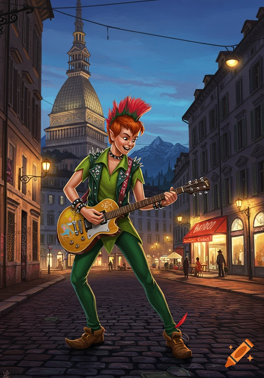 Punk rock Peter Pan plays an electric guitar on a cobblestone street in Torino with the Mole Antonelliana in the background at dusk.