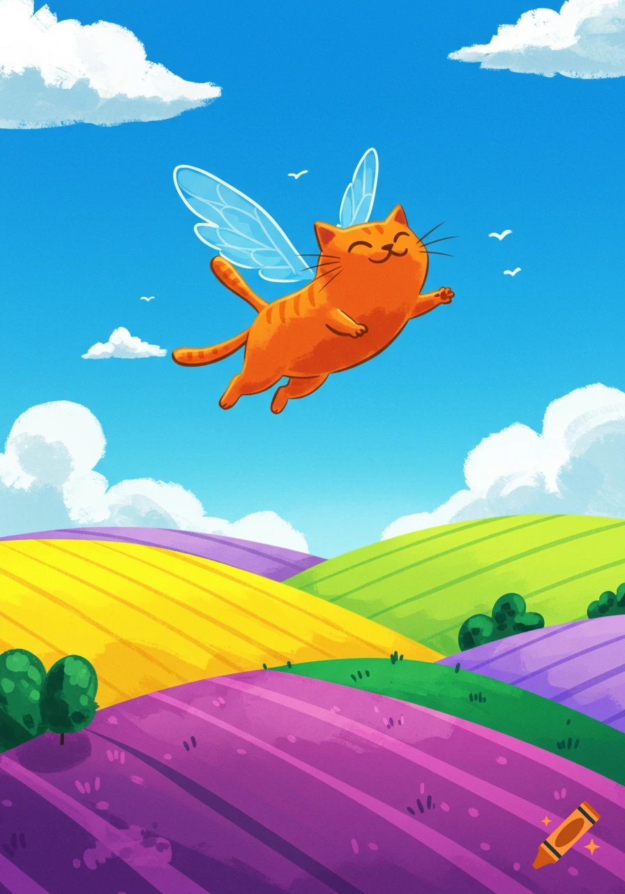 A smiling orange cartoon cat with translucent blue wings flies over colorful rolling hills, under a bright blue sky with white clouds.