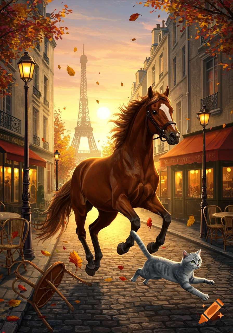 A brown horse gallops down a cobblestone street in Paris, chasing a grey cat with the Eiffel Tower at sunset and autumn leaves falling.