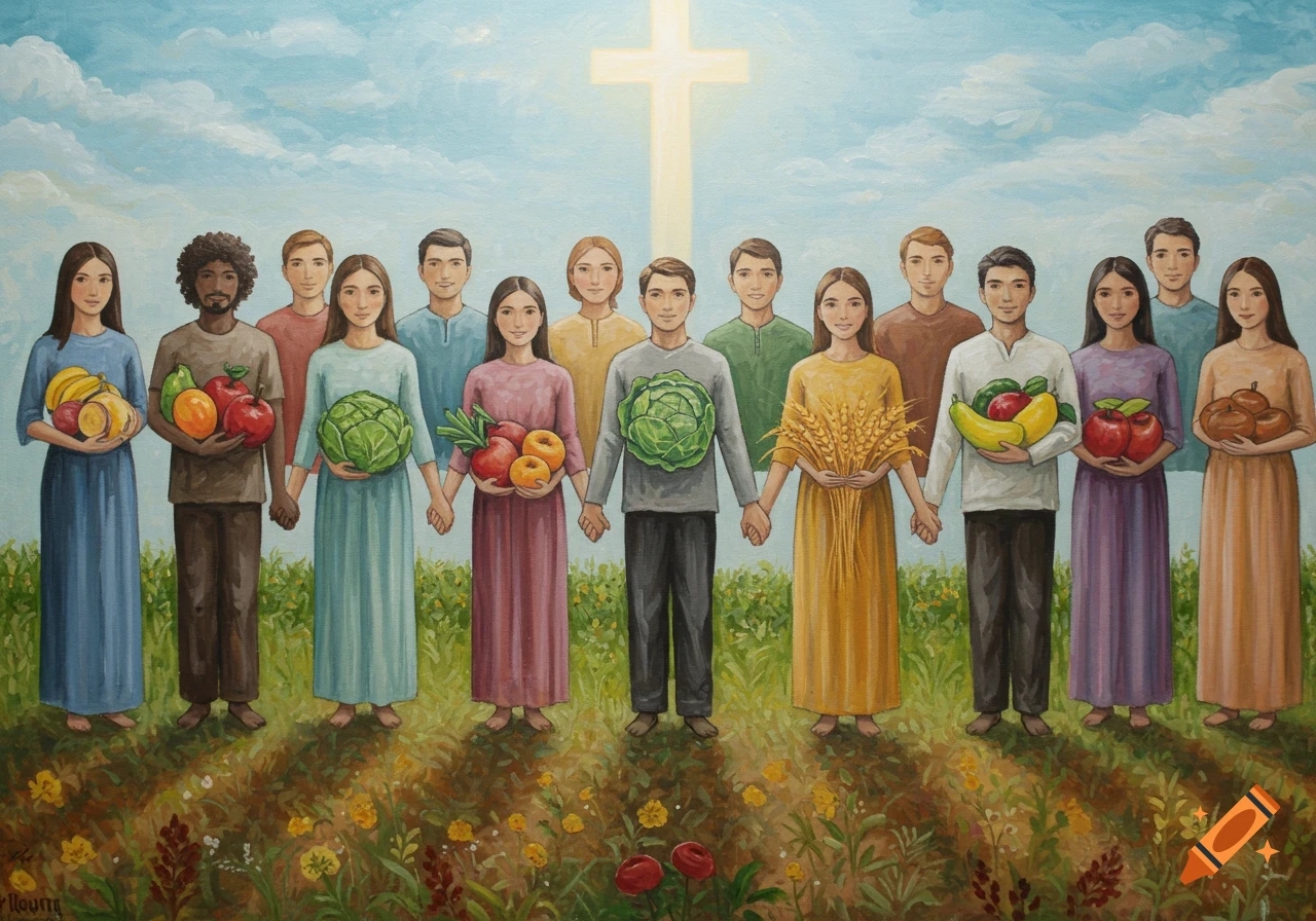 A painting of diverse people holding hands and harvest items in a field, under a bright Christian cross in the sky.
