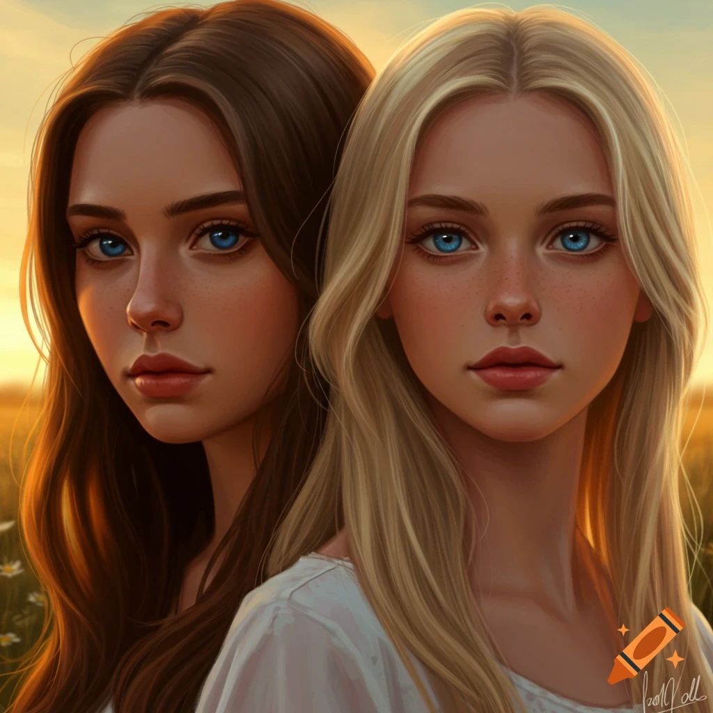 A digital painting of two young women with blue eyes, one with brown hair, one with blonde hair, in a sunset field.