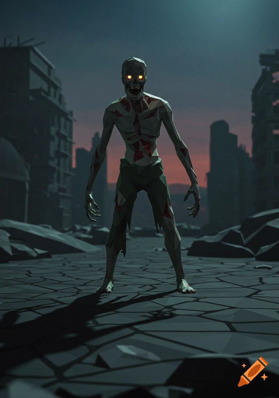 A low-poly zombie with glowing eyes stands in a ruined city at dusk.
