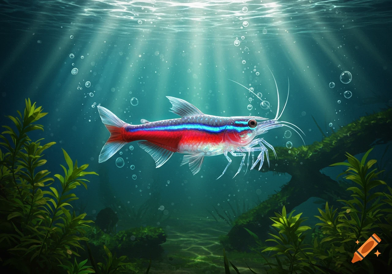 A neon tetra and ghost shrimp hybrid swims in clear blue underwater with sunlight rays and bubbles among green plants.