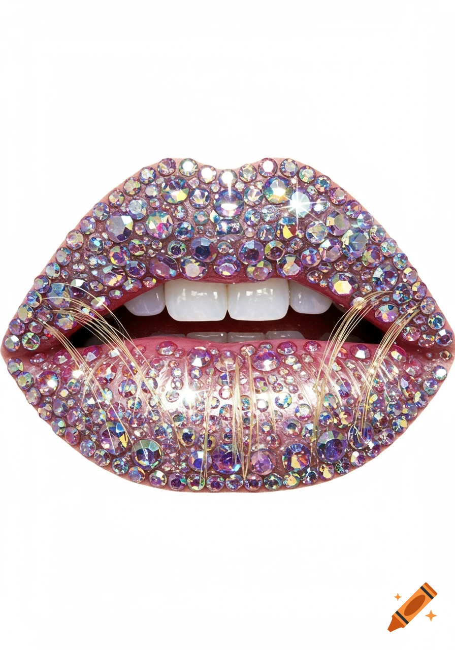 Close-up of pink lips covered in shimmering iridescent jewels with visible white teeth and thin golden threads.