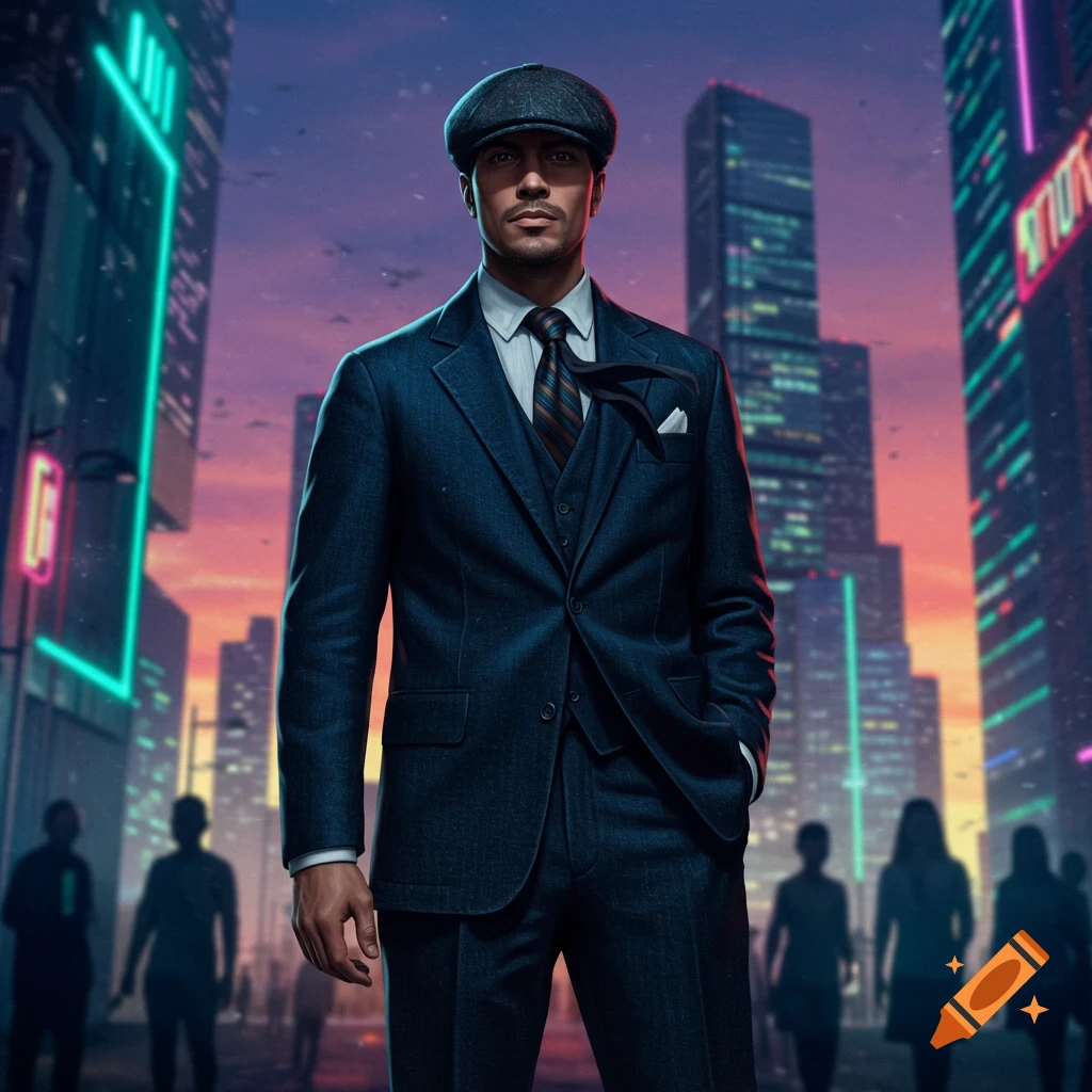A man in a dark suit and flat cap stands in a vibrant, neon-lit futuristic city at dusk.