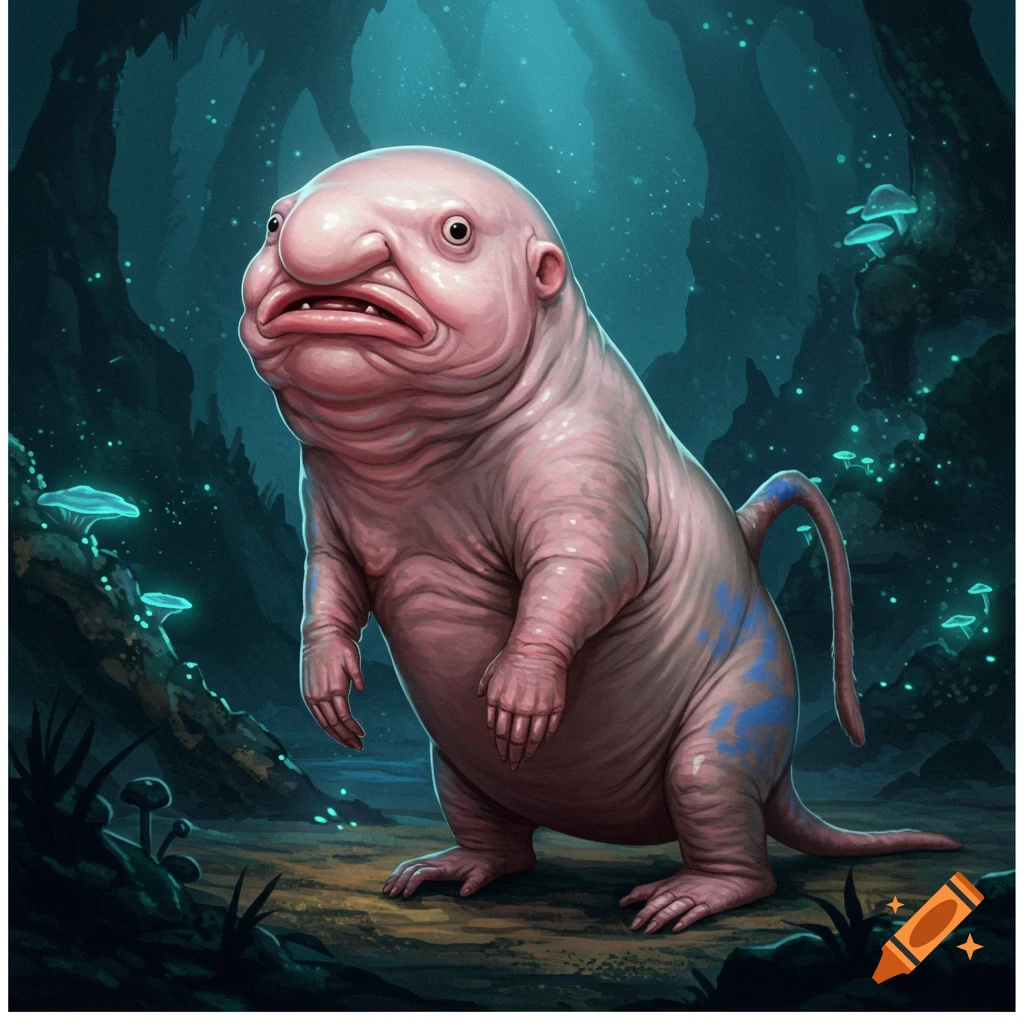 A pink, wrinkled creature with a blobfish head and a mole rat body stands upright in a dark, glowing mushroom cave, digital art.