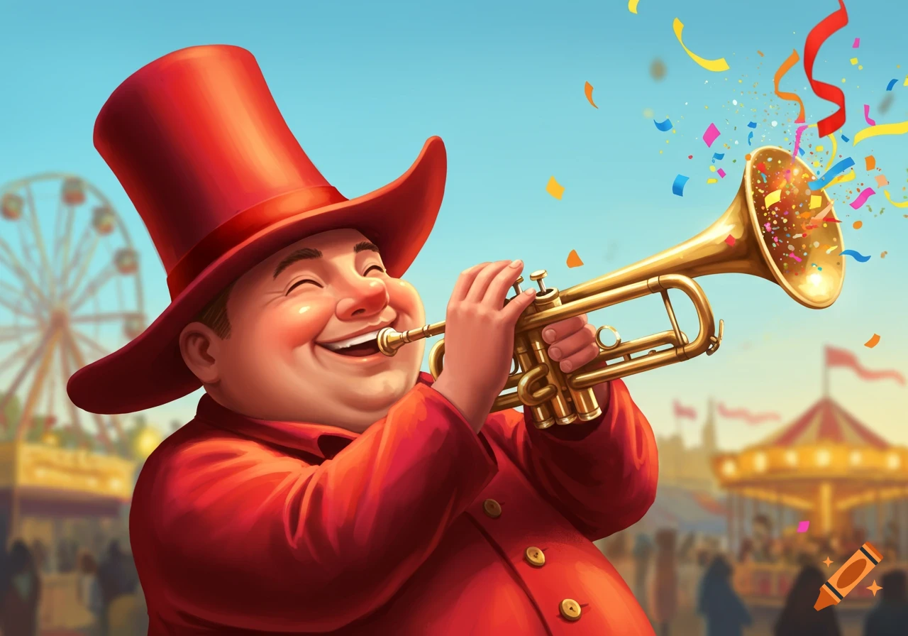 A jovial, chubby cartoon man in a red top hat and red coat happily plays a golden trumpet, from which colorful confetti bursts out, at a lively fairground.