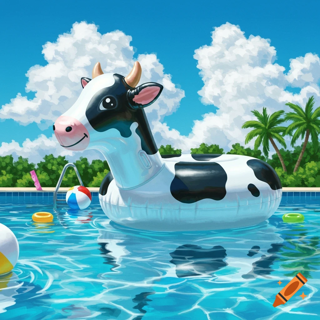 A cartoon inflatable Holstein cow floats in a swimming pool with a beach ball under a bright blue sky with fluffy clouds and palm trees.