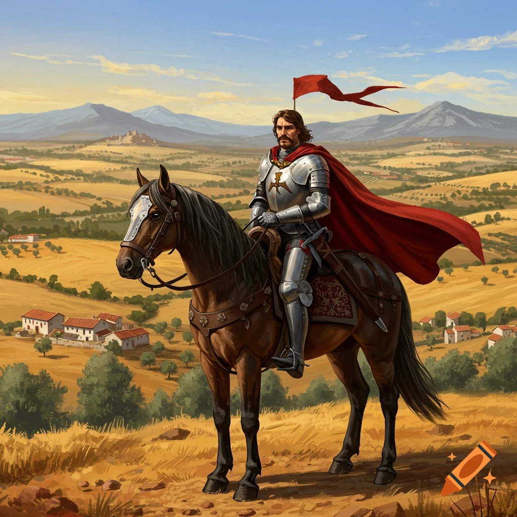 A knight in shining armor with a red cape sits atop a brown horse on a golden hill overlooking a valley with villages and mountains.