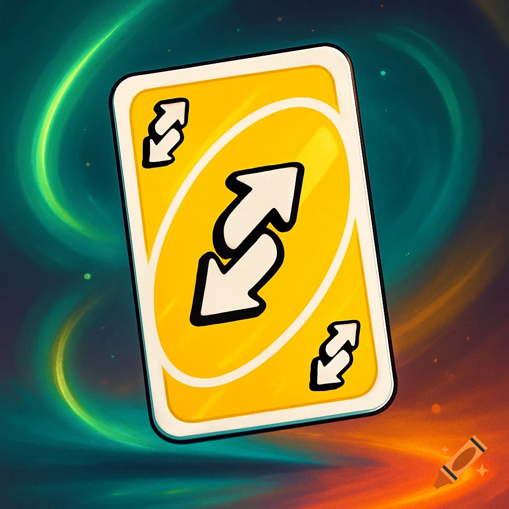 A vibrant yellow Uno reverse card featuring white and black double-arrow symbols, set against a swirling, multi-colored background of green, blue, orange, and red hues.