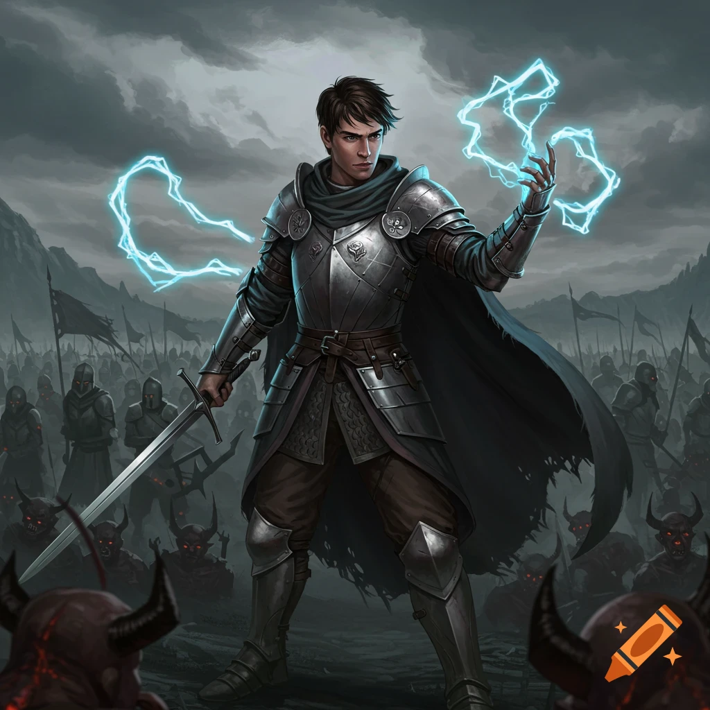 A dark fantasy illustration of a knight in armor wielding a sword and blue lightning magic, facing an army of demons and soldiers under a stormy sky.