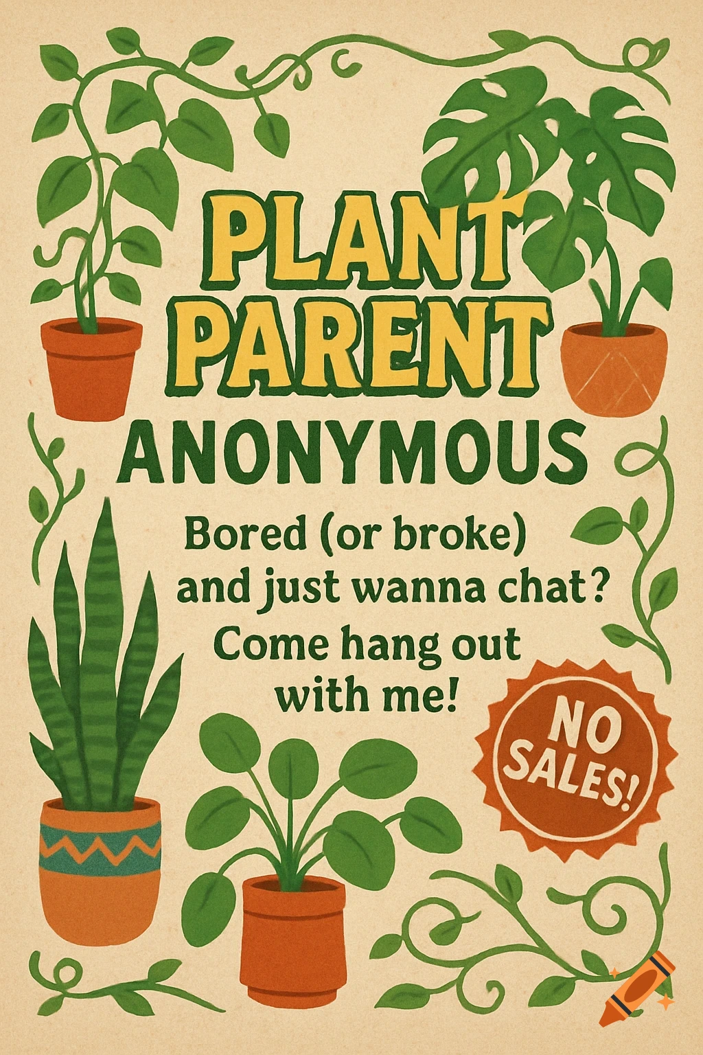 A vintage-style flyer for 'Plant Parent Anonymous' with potted plants and vines, inviting people to chat, plus a 'No Sales!' sticker.