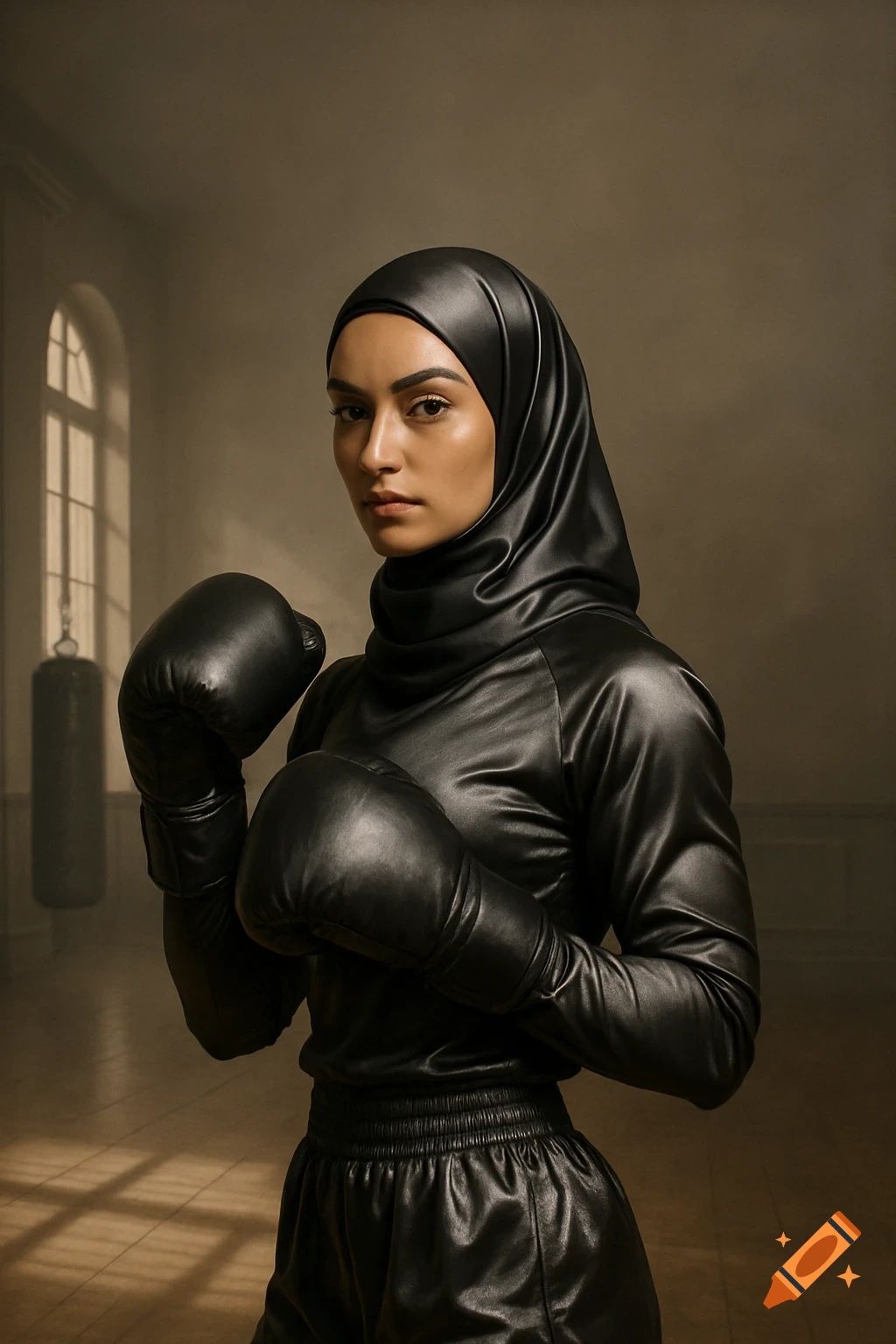 Photorealistic image of a female boxer wearing a black hijab and gloves in a dimly lit gym.