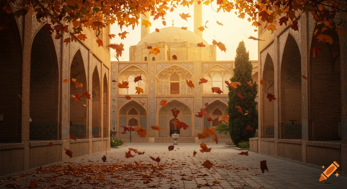 Traditional Iranian architecture in an autumn garden with falling leaves, bathed in warm golden sunlight.
