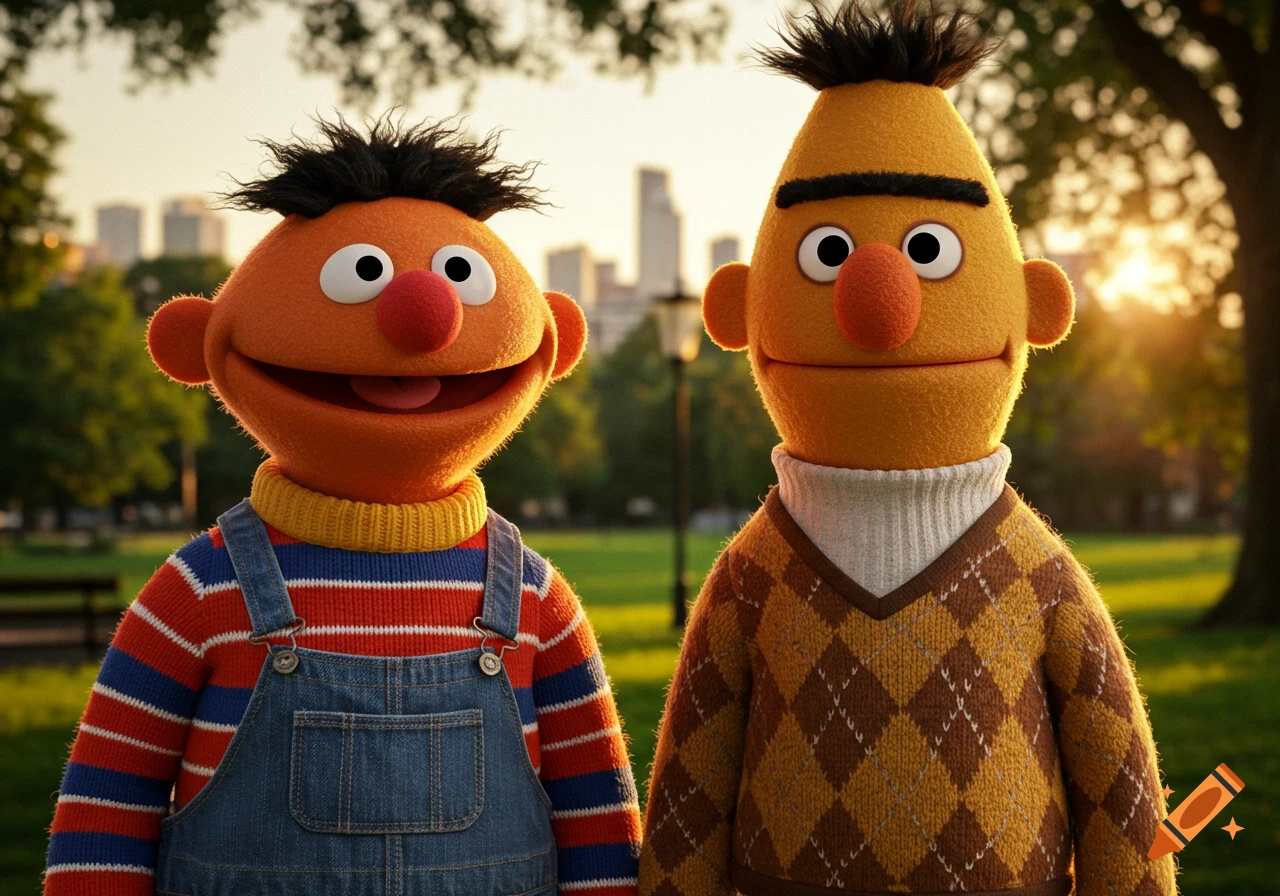 Photorealistic depiction of Ernie and Bert puppets smiling in a sunny park with city buildings in the background.