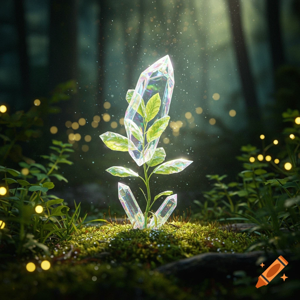 A mystical plant with glowing crystal leaves and stem grows on a mossy forest floor, illuminated by dappled sunlight.