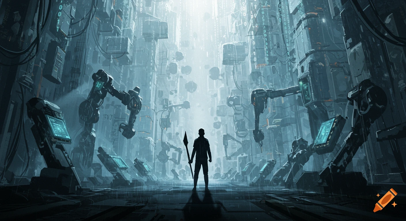 A lone figure stands in a dark, dystopian sci-fi city with towering structures, glowing screens, and falling binary code.
