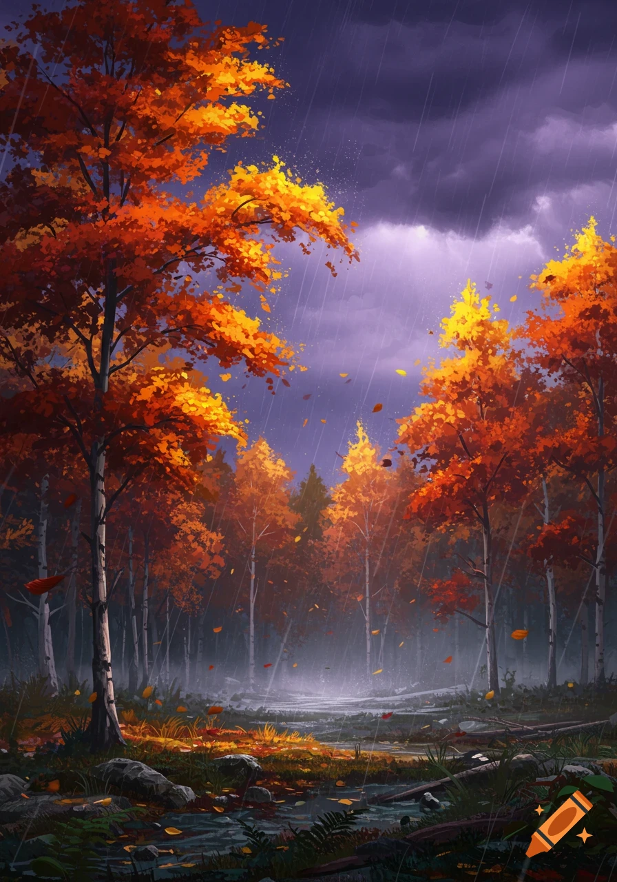Vibrant autumn forest with orange and yellow leaves, falling rain, and a misty ground path.