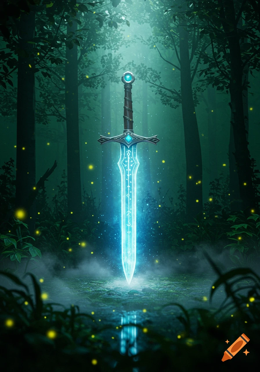 A glowing blue magical sword stands upright in a misty, dark forest with fireflies, reflecting in a puddle.