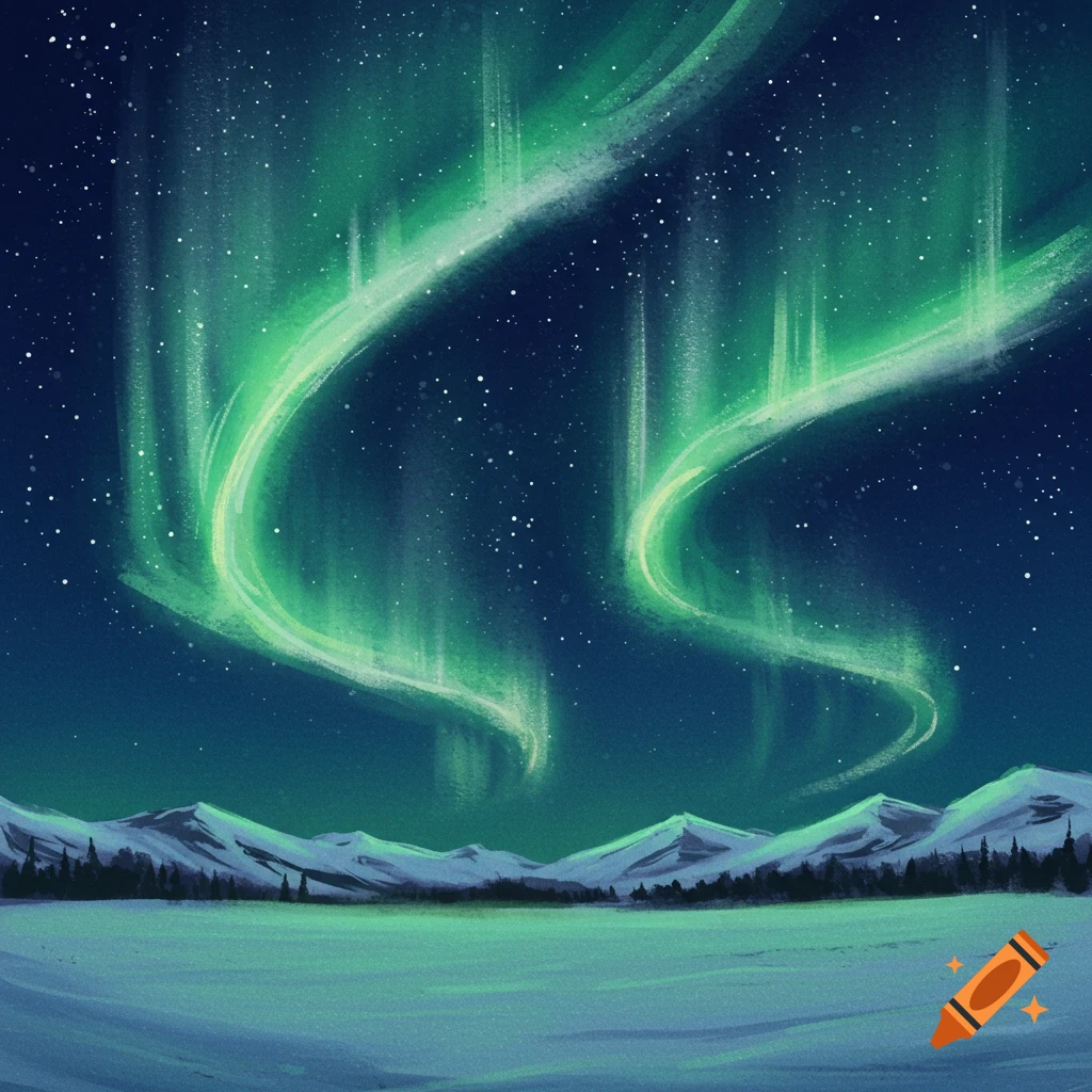 Watercolor-style digital painting of vibrant green northern lights illuminating a snowy mountain landscape at night.