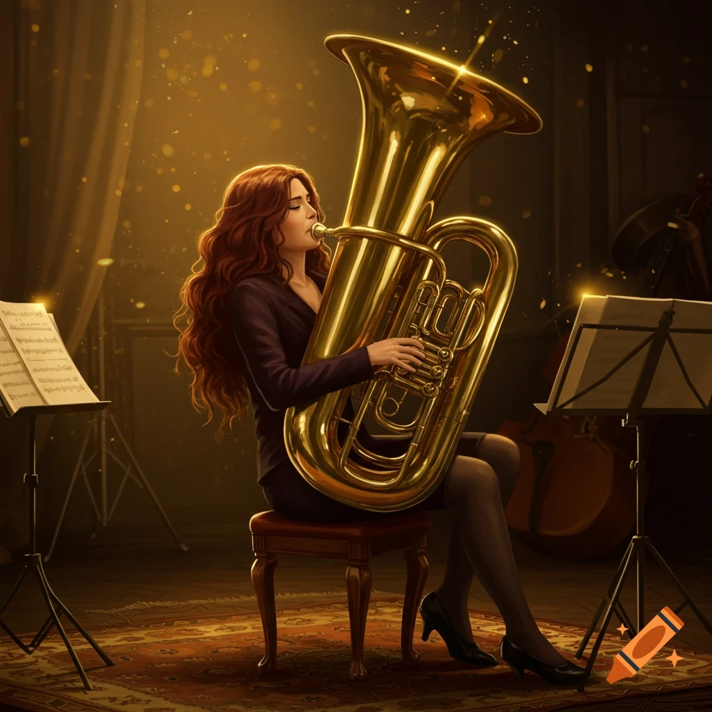 A woman with long red hair plays a golden tuba while seated on a stool in a dimly lit, warm-toned room with sheet music stands.