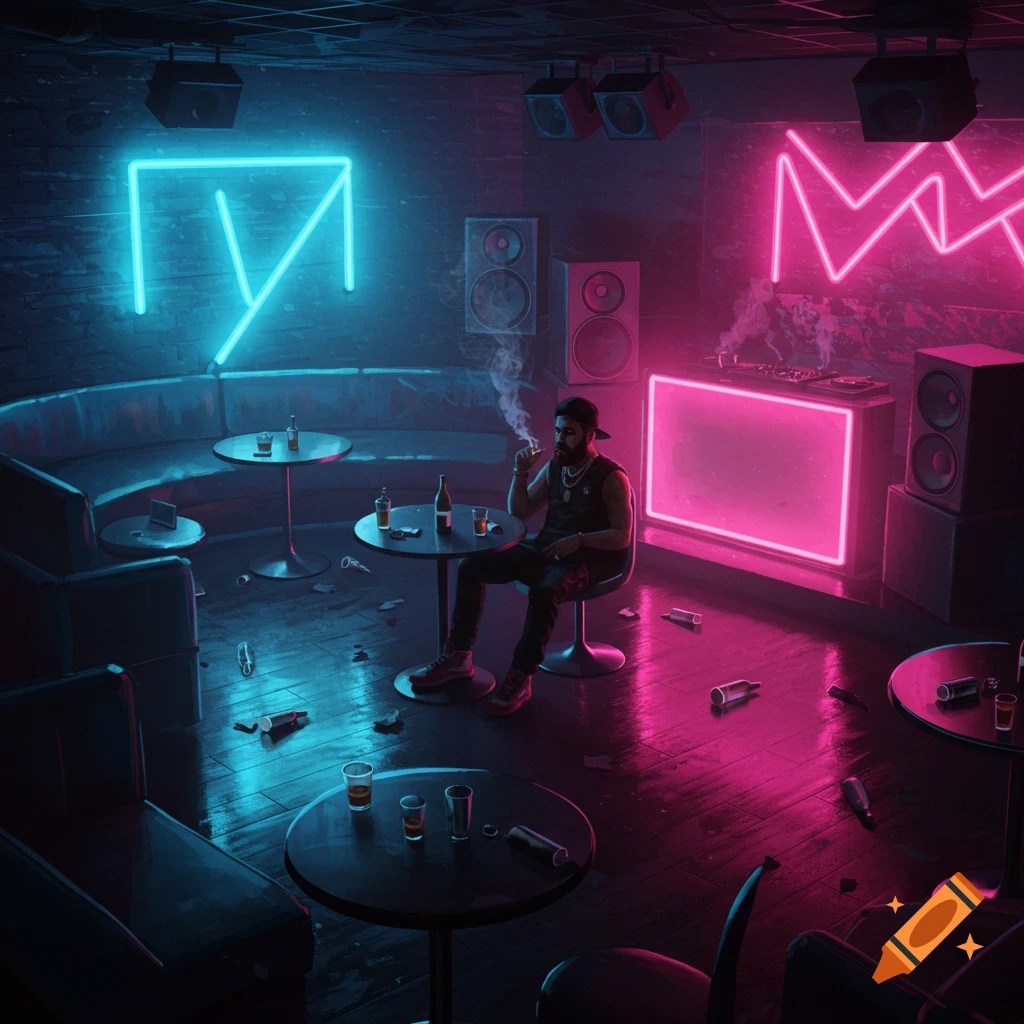 A man with a beard smokes at a table in a dimly lit, neon-soaked nightclub with scattered bottles and glasses.