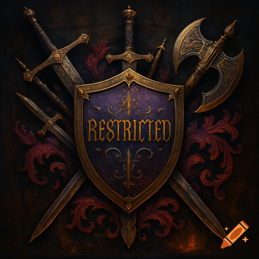 Ornate medieval guild crest with 'RESTRICTED' on a purple shield, surrounded by swords, an axe, and gold and red foliage.